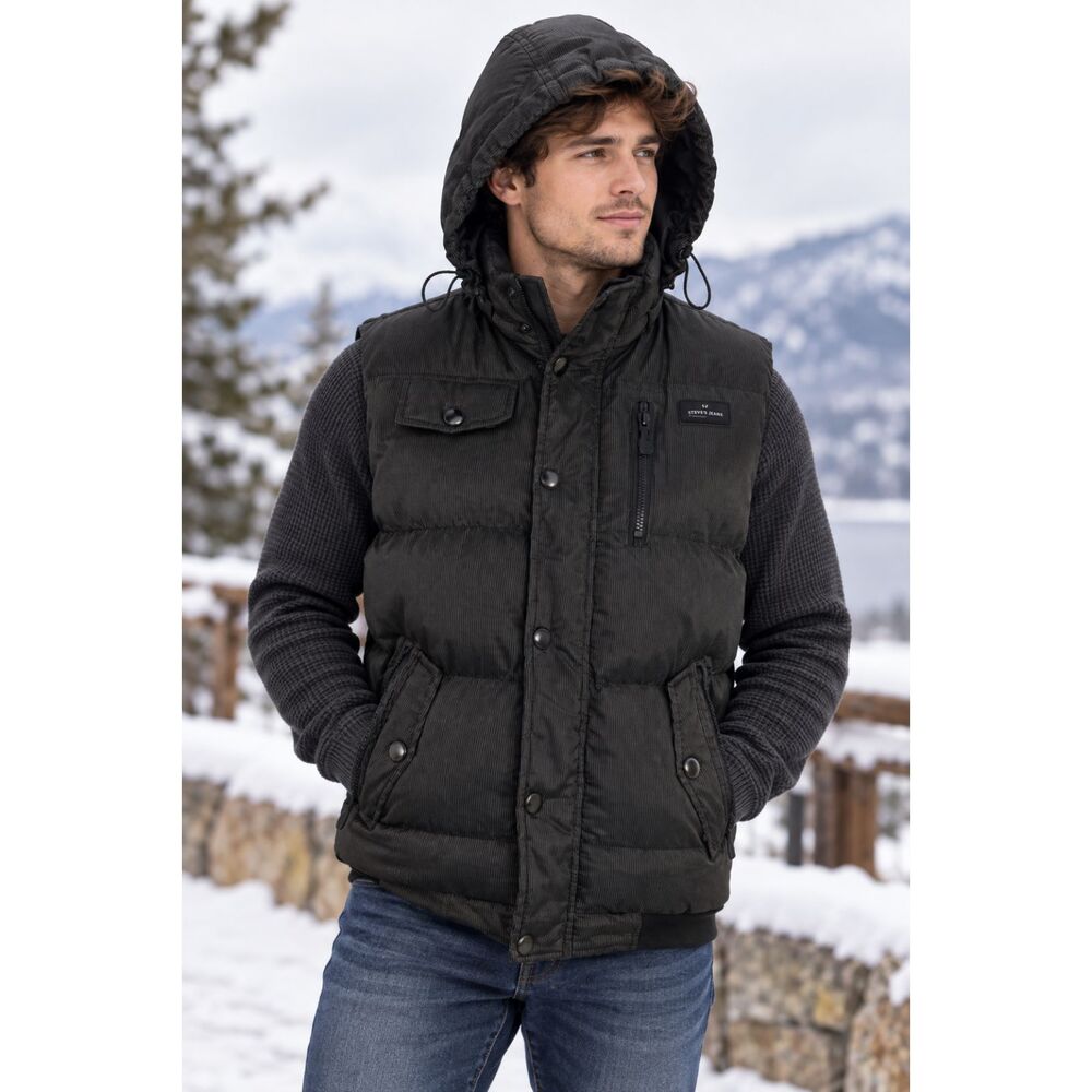 Steve's Jeans Men’s Puffer Vest Black Pinstripe Removable Hood Pockets Size S